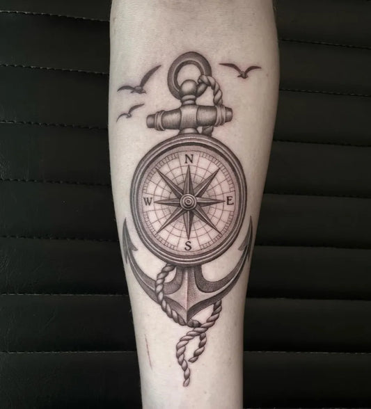 Medium Black and Grey Compass Anchor and Birds on Men Arm Tattoo by @bluetoned