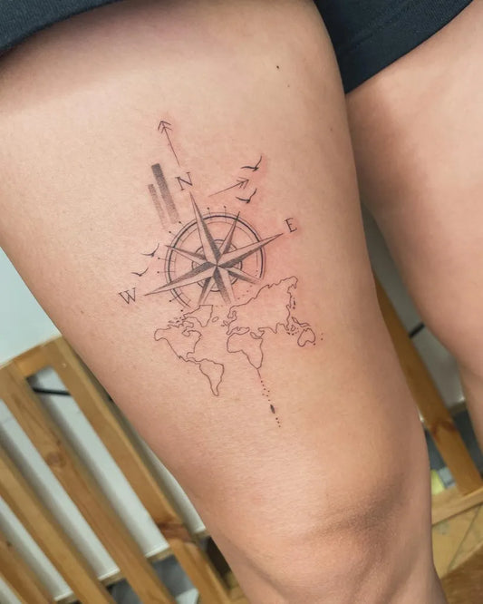 Medium Black and Grey Compass Birds World Map on Women Thigh Tattoo by @myashleyb04