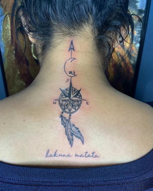 Medium Black and Grey Compass Dream Catcher Tattoo on Women Neck by @harleytattoos