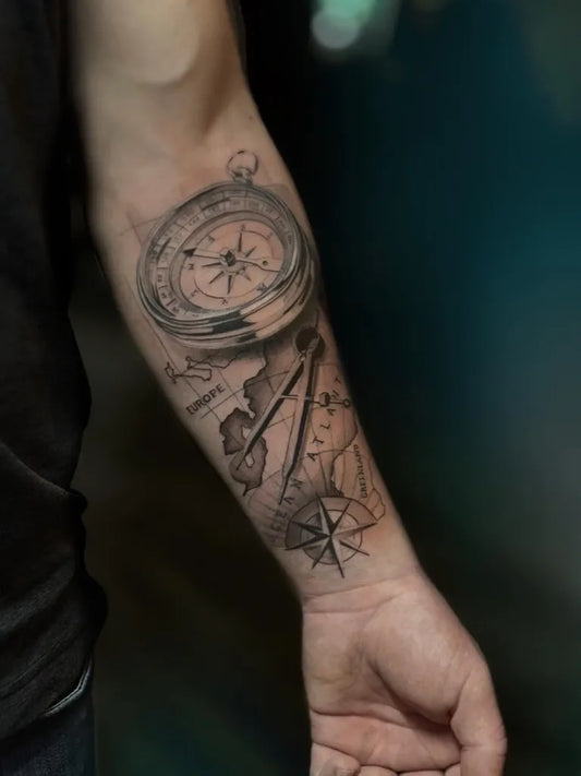 Medium Black and Grey Compass Map Rose on Men Arm Tattoo by @pirate_station_tattoo