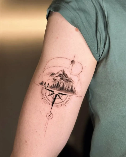 Medium Black and Grey Compass Mountain Forest on Women Arm Tattoo by @the.xx.ttt