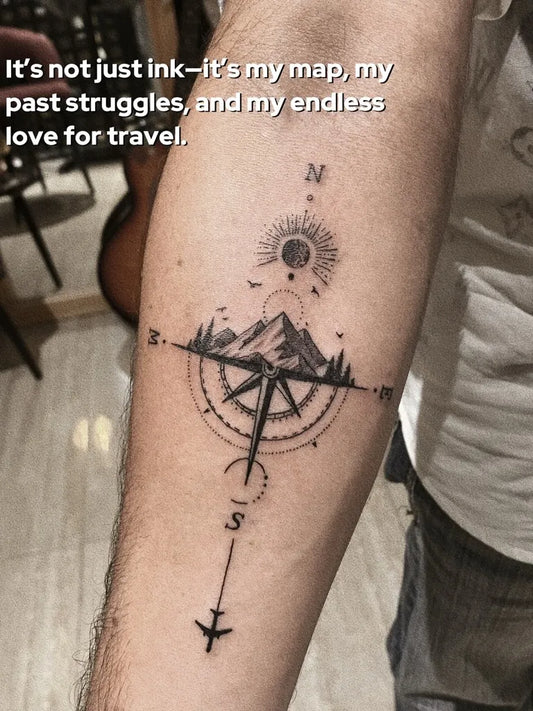 Medium Black and Grey Compass Mountains Bird on Men Arm Tattoo by @chd.edentattoos