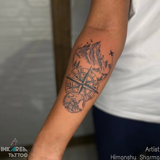 Medium Black and Grey Compass Mountains Birds on Women Arm Tattoo by @ink_area_tattoo