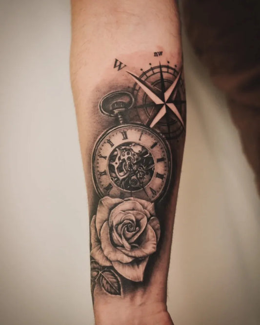 Medium Black and Grey Compass Pocket Watch Rose on Men Arm Tattoo by @bentattoo.sh