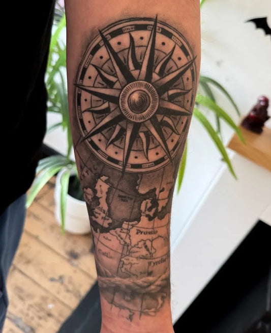 Medium Black and Grey Compass Rose and Nautical Map Nautical Tattoo on Men Arm by @willscustomstattoo