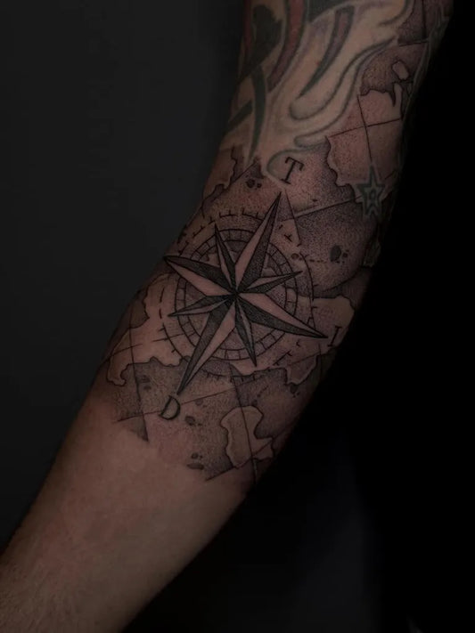 Medium Black and Grey Compass Rose on Men Arm Tattoo by @dnnytattoo