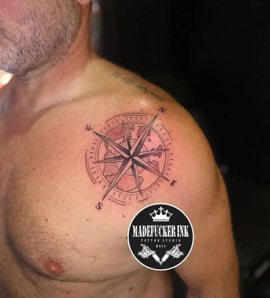 Medium Black and Grey Compass Rose on Men Shoulder Tattoo by @madefuckerink