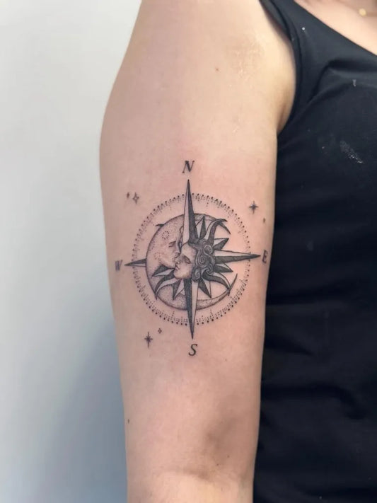 Medium Black and Grey Compass Rose on Women Arm Tattoo by @ae.tattooing