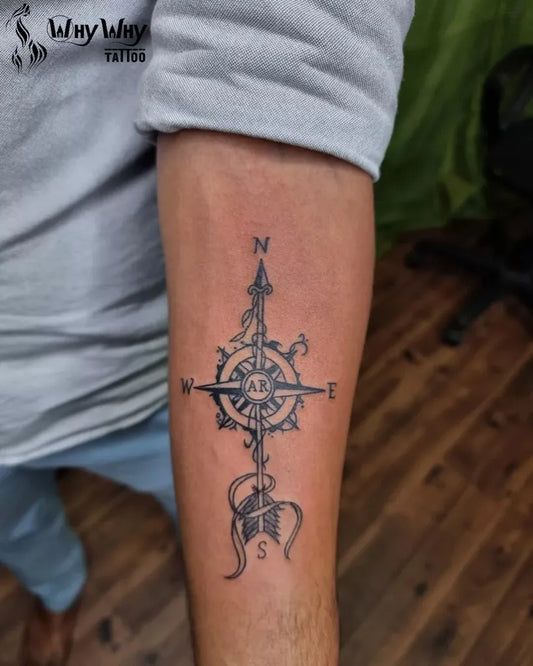 Medium Black and Grey Compass Rose with Arrow Tattoo on Men Arm by @whywhy_tattoo