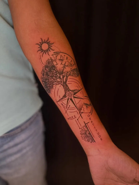 Medium Black and Grey Compass Tree Sun on Women Arm Tattoo by @pilotavinashs66