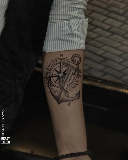 Medium Black and Grey Compass and Anchor on Men Arm Tattoo by @krazytattoo