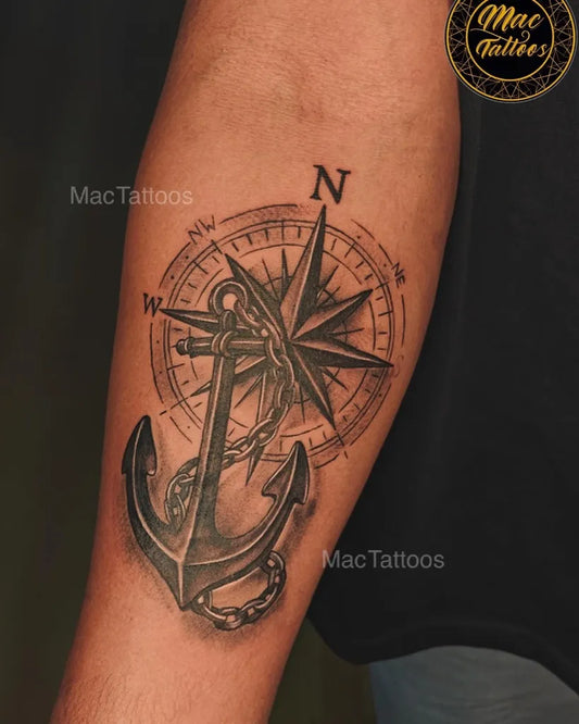 Medium Black and Grey Compass and Anchor on Men Arm Tattoo by @mac_tattoos_original