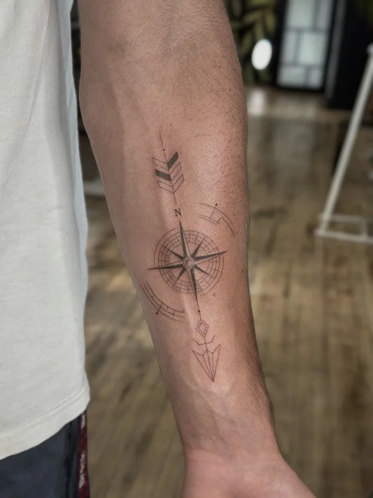 Medium Black and Grey Compass and Arrows on Men Arm Tattoo by @simikosart