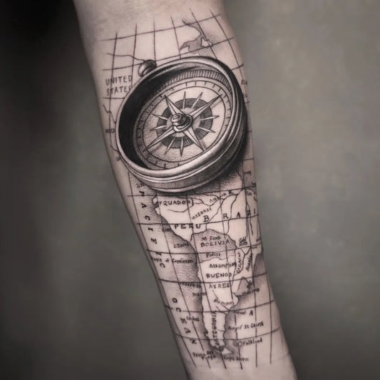 Medium Black and Grey Compass and World Map on Men Forearm Tattoo by @champion.tattoo_4131