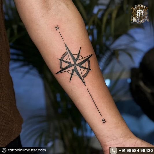 Medium Black and Grey Compass on Men Arm Tattoo by @tattooinkmaster27