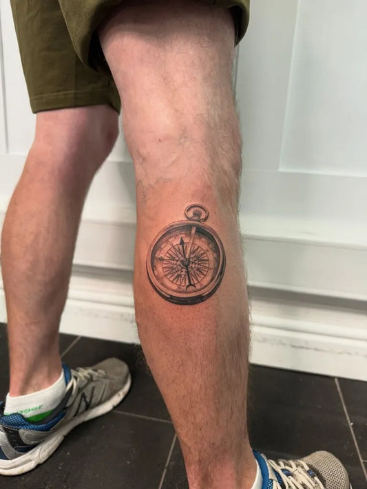 Medium Black and Grey Compass on Men Leg Tattoo by @ltpzangarotattoo