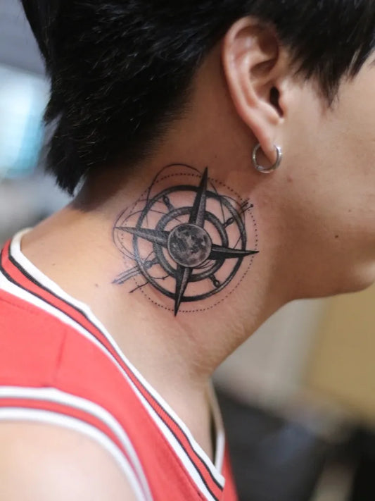 Medium Black and Grey Compass on Men Neck Tattoo by @twintattoo