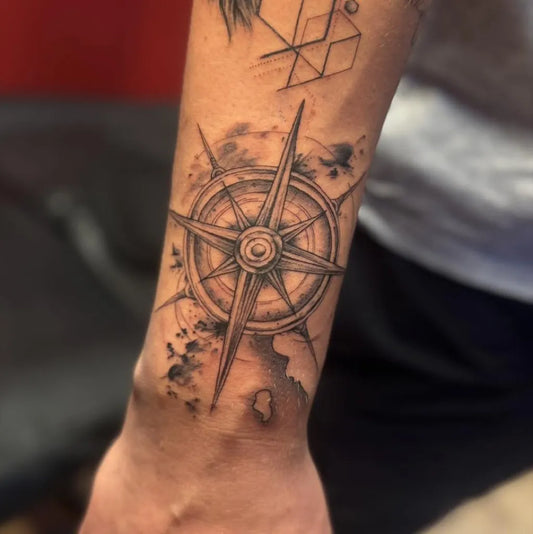 Medium Black and Grey Compass with Birds on Men Arm Tattoo by @tbt_is_love_tattoo
