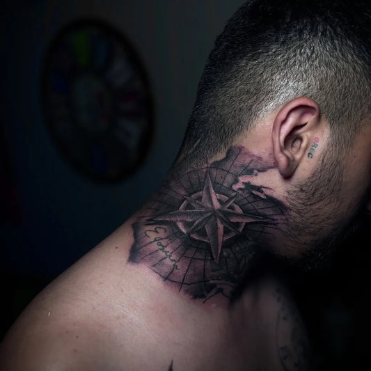 Medium Black and Grey Compass with Map and Name on Men Neck Tattoo by @anilcan.ink