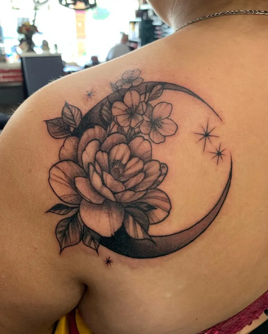 Medium Black and Grey Crescent Moon Peony Tattoo on Women Shoulder by @hevs745