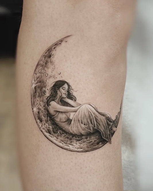 Medium Black and Grey Crescent Moon Woman Tattoo on Women Arm by @natashajessietattoos