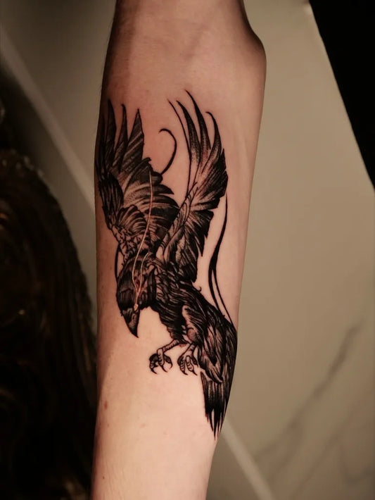 Medium Black and Grey Crow Tattoo on Men Arm by @eclipsedscarletart
