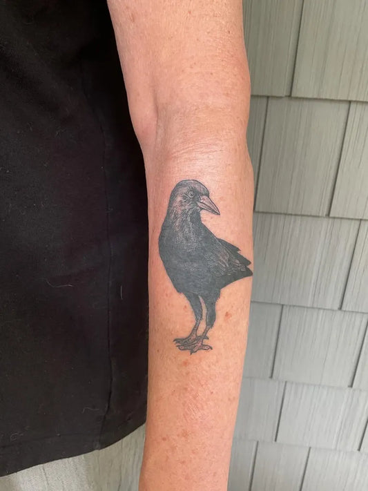Medium Black and Grey Crow Tattoo on Women Arm by @vivianbeastjaw
