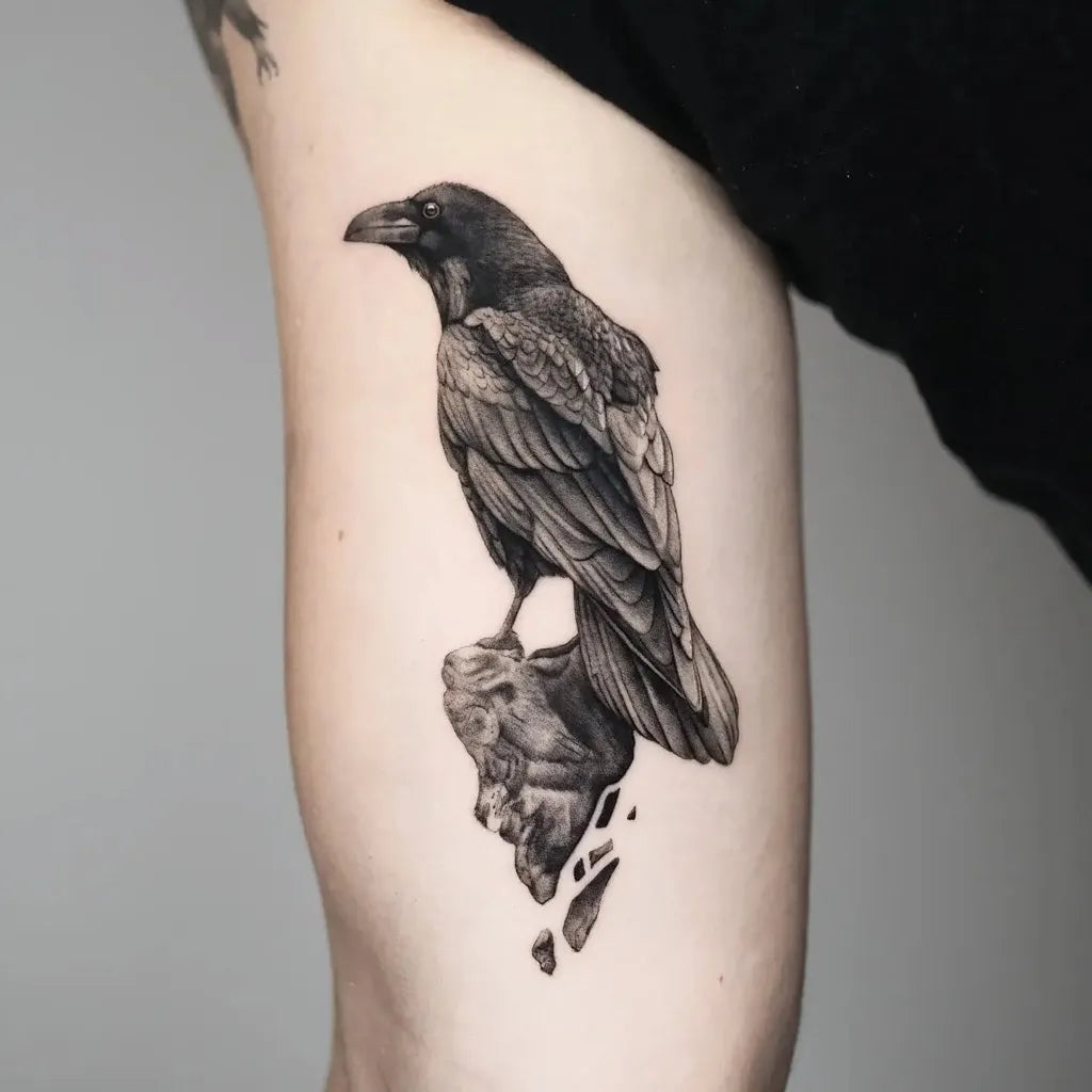 Medium Black and Grey Crow on Rock Men Arm by @thommesen_ink