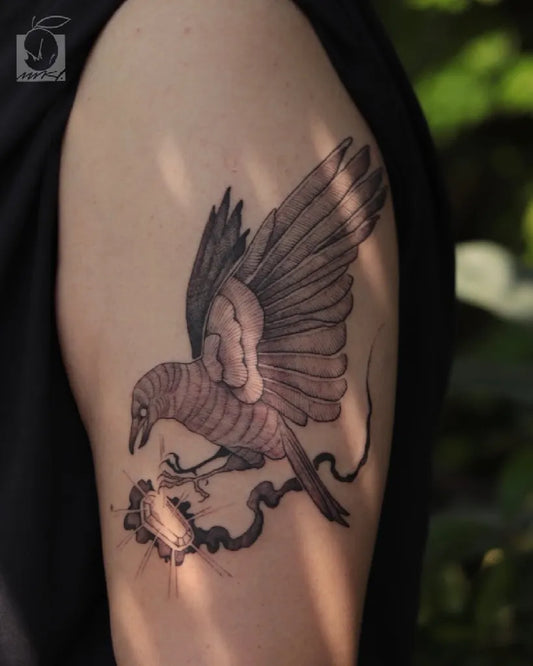 Medium Black and Grey Crow with Vine and Gem Men Arm by @maakoad