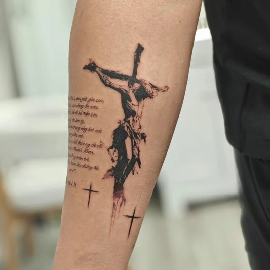 Medium Black and Grey Crucified Jesus and 3 Cross Tattoo on Men Arm by @micromark_ink
