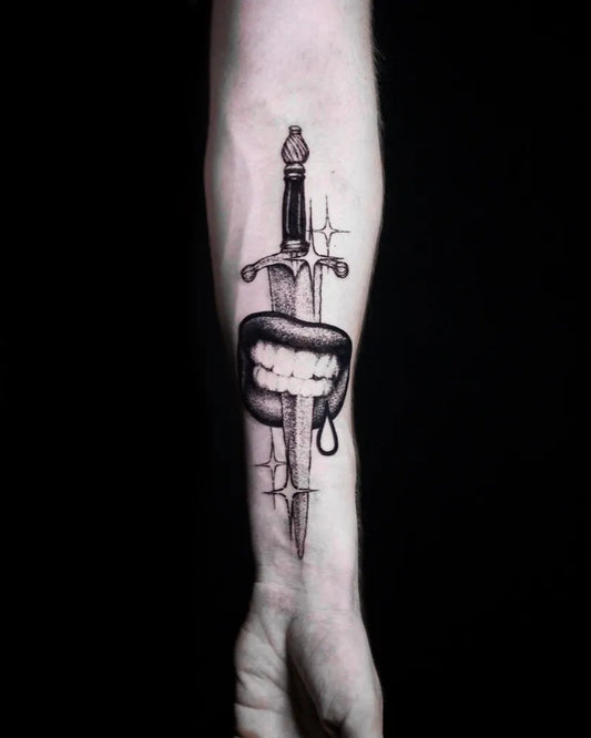 Medium Black and Grey Dagger Lips Tattoo on Men Forearm by @bolhoj_