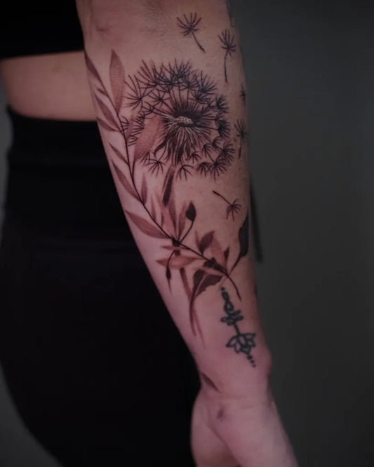 Medium Black and Grey Dandelion and Leaves Tattoo on Women Arm by @artbyal777