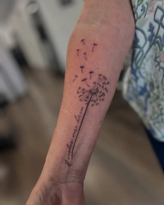 Medium Black and Grey Dandelion and Script Tattoo on Women Arm by @kaden_tatatau