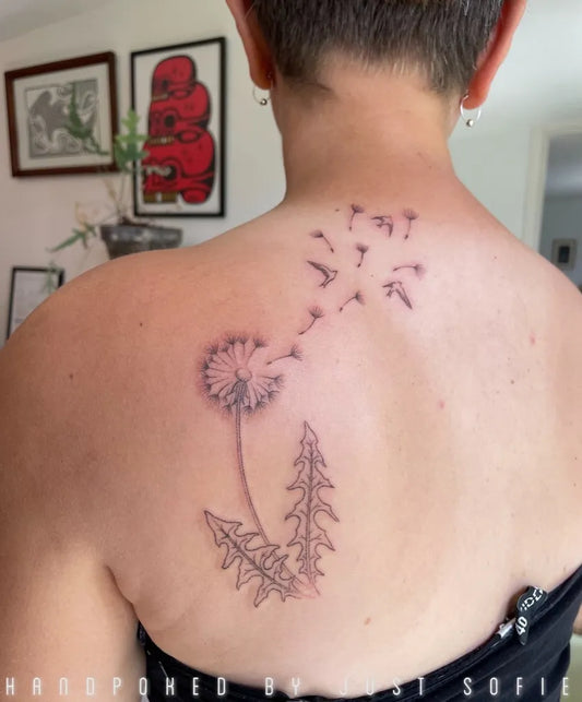 Medium Black and Grey Dandelion and Seeds Tattoo on Women Shoulder by @justsofie.studio