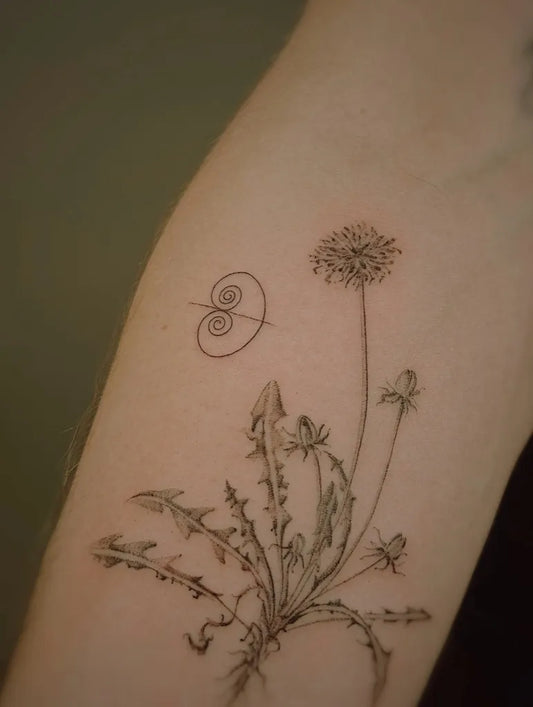 Medium Black and Grey Dandelion and Spiral Tattoo on Women Arm by @mar__negro