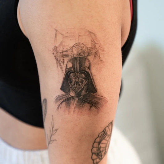 Medium Black and Grey Darth Vader Star Wars Tattoo on Women Arm by @mauro________