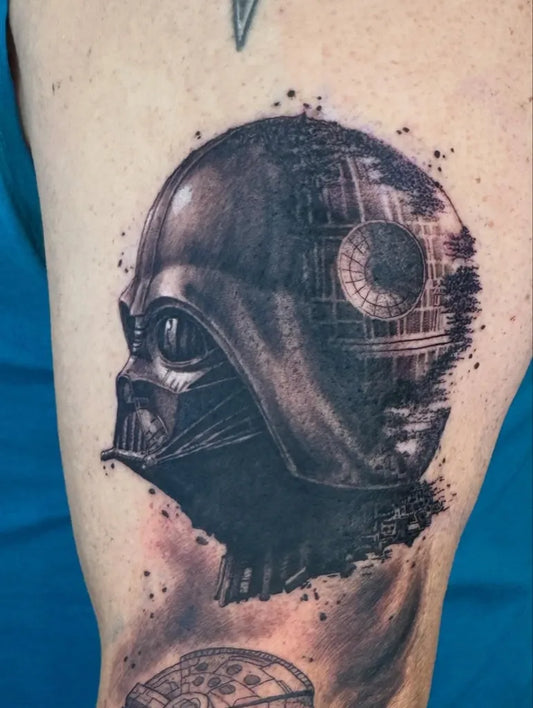 Medium Black and Grey Darth Vader with Death Star Star Wars Tattoo on Men Arm by @ink_adix