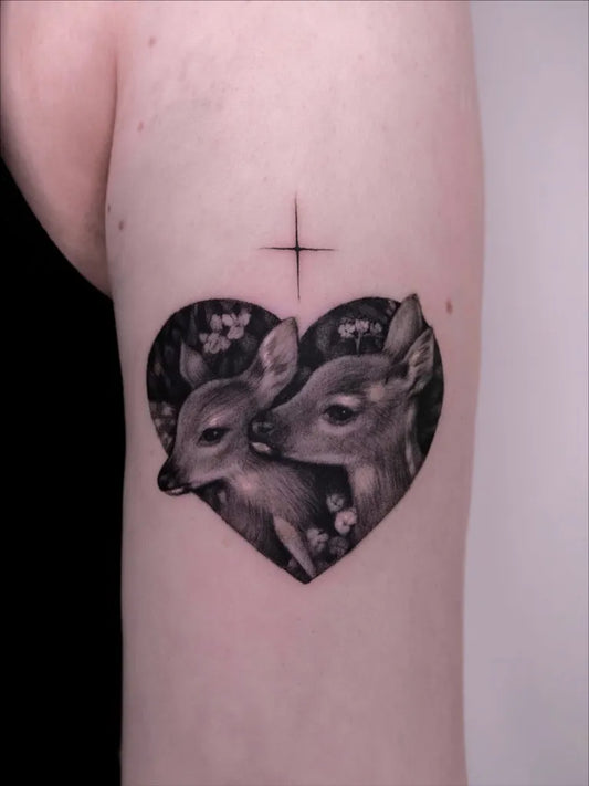 Medium Black and Grey Deer Heart Tattoo on Women Arm by @nartka.art