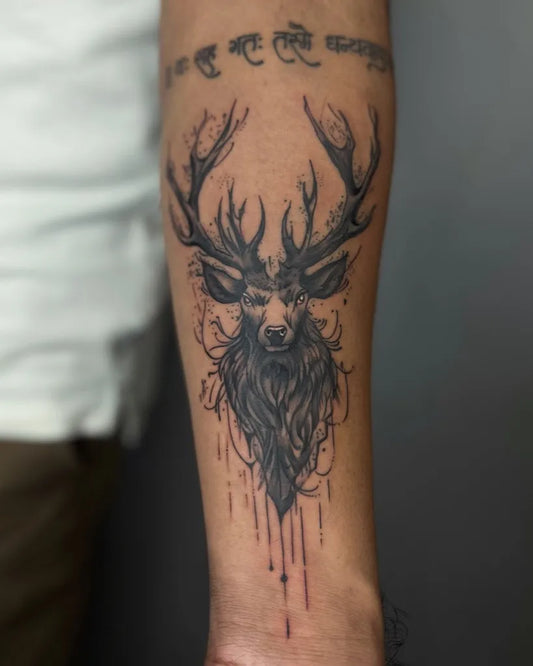 Medium Black and Grey Deer Tattoo on Men Arm by @ronnietattoos