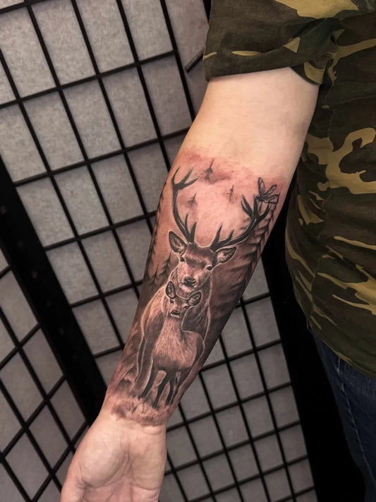 Medium Black and Grey Deer and Fawn Tattoo on Men Arm by @bytattoo_22