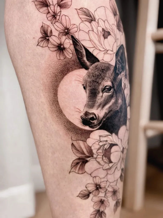 Medium Black and Grey Deer and Flowers Tattoo on Women Thigh by @taylorhelmantattoo