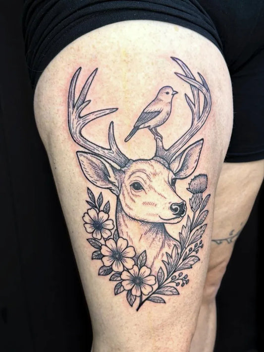 Medium Black and Grey Deer with Bird and Flowers Tattoo on Women Thigh by @wolfalley.leeuwarden