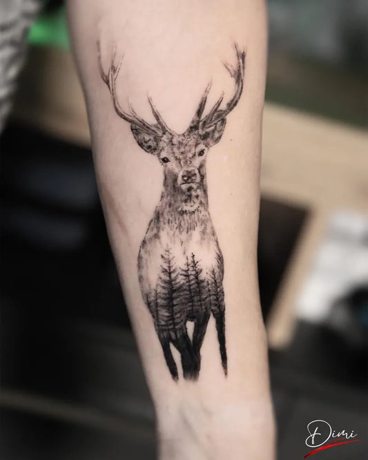 Medium Black and Grey Deer with Trees Tattoo on Men Arm by @old.dragon.ink
