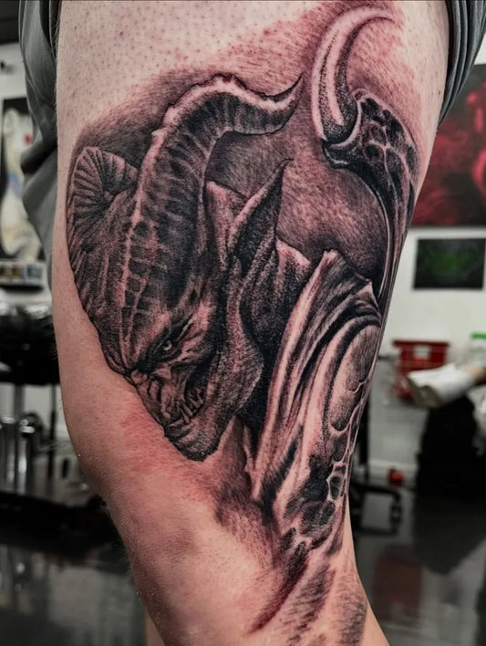 Medium Black and Grey Demon Tattoo on Men Thigh by @nickmcnabtattoos