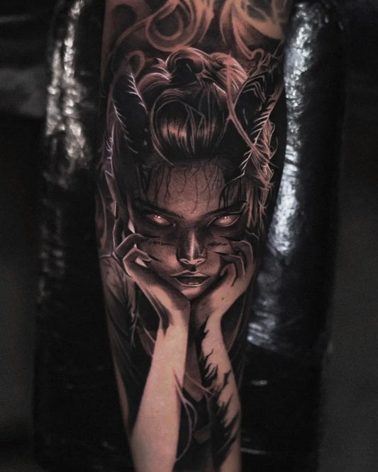 Medium Black and Grey Demon Woman Tattoo on Women Arm by @dior_bng