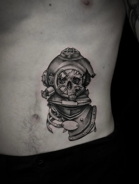 Medium Black and Grey Diving Helmet Skull Nautical Tattoo on Men Rib by @arkid_tattoo