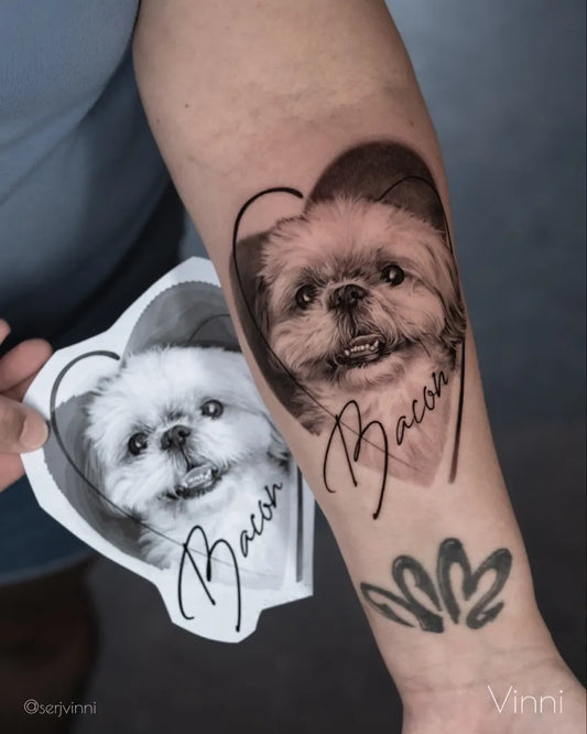 Medium Black and Grey Dog Portrait Tattoo on Women Arm by @serjvinni