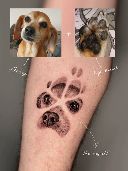 Medium Black and Grey Dog Portrait in Paw Tattoo on Men Arm by @giuliabagolin.art
