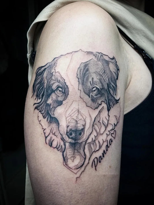 Medium Black and Grey Dog Tattoo on Women Shoulder by @a.diary.of.strange.occurrences
