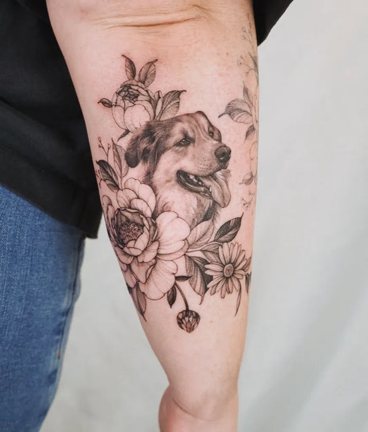Medium Black and Grey Dog and Peony and Daisy Tattoo on Women Arm by @jennyli_tattoo